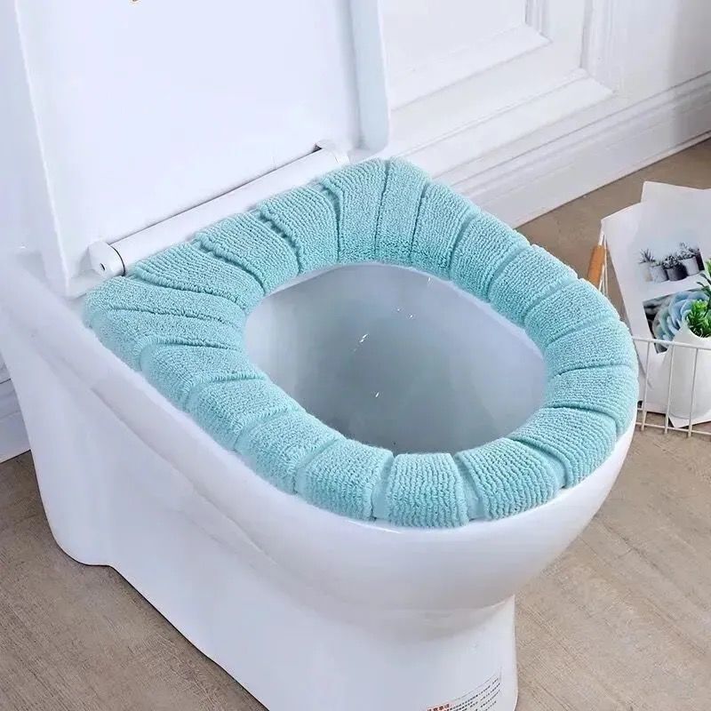 Winter Warm Toilet Seat Cover Closestool Mat 1Pcs Washable Bathroom Accessories Knitting Pure Color Soft O-shape Pad Bidet Cover: Green