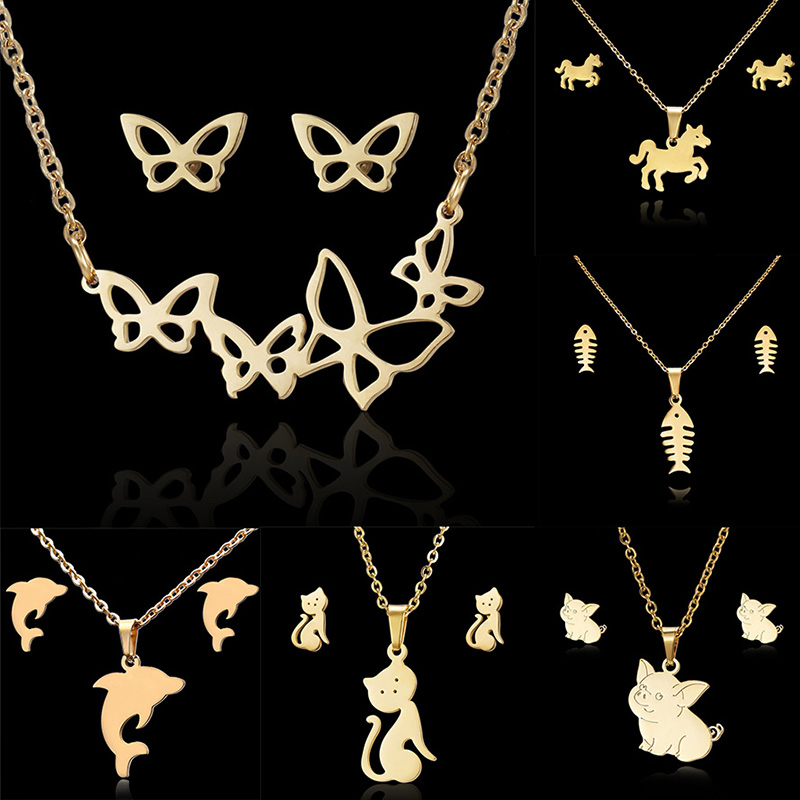 Rinhoo Dier Vlinder Rvs Hanger Ketting Sets Voor Vrouwen Kat Visgraten Ketting Oorbellen Sieraden