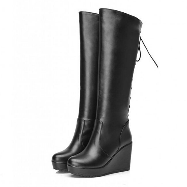 ! Black White Red Leather Lace Up High Heel Platform Knee High Winter Autumn Girl Lady Females Womens Wedge Boots X834: Black / 7