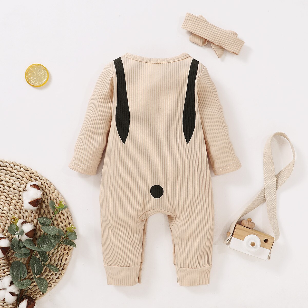 Newborn Infant Baby Girls Boys Solid Ribbed Romper Long Sleeve Snap Button Crotch Jumpsuit Front Pockets Bowknot Hairband 2Pcs