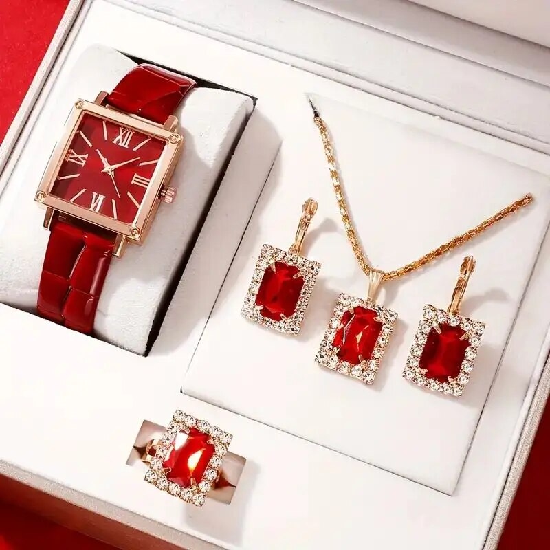 Reloj de cuarzo a la para mujer, esfera cuadrada, de de lujo, relojes de pulsera simples para mujer: Rojo