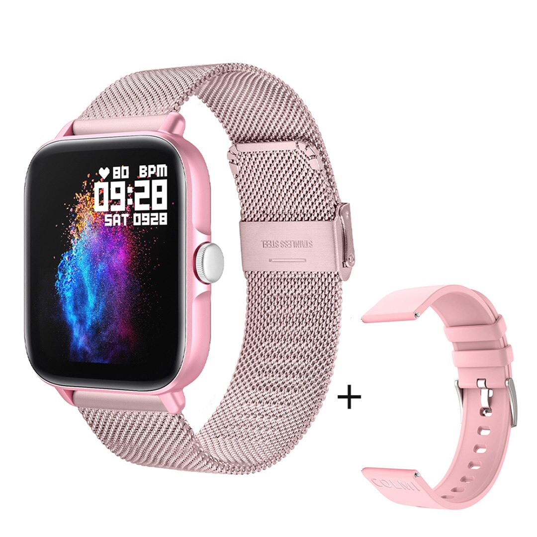 Colmi 2022 P28 Plus Smartwatch Mannen Bluetooth Antwoord Gesprek IP67 Waterdicht Smart Horloge Vrouwen GTS3 Gts 3 Voor Android Ios telefoon: Pink Metal strap