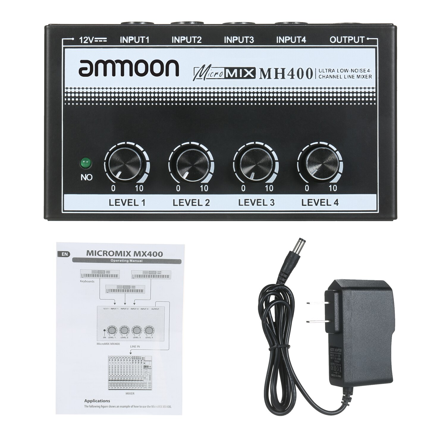 Ammoon MH400 miscelatore Audio a 4 canali a bassissimo rumore mini miscelatore Audio con ingressi TS da 1/4 pollici e controllo del volume di uscita per chitarra: US spina