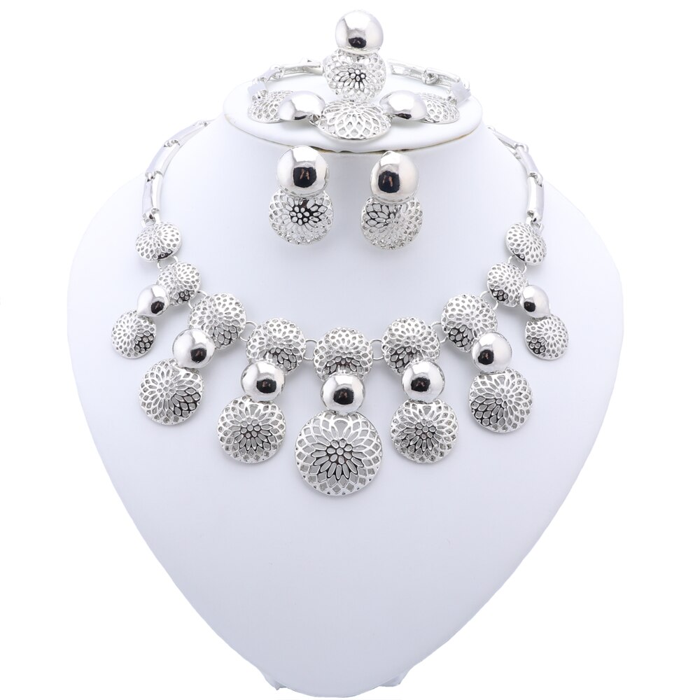 Ensemble de bijoux de mariage pour femme éthiopienne, classique, couleur or, dubaï, collier, boucles d&#39;oreilles, bague, Bracelet: silver