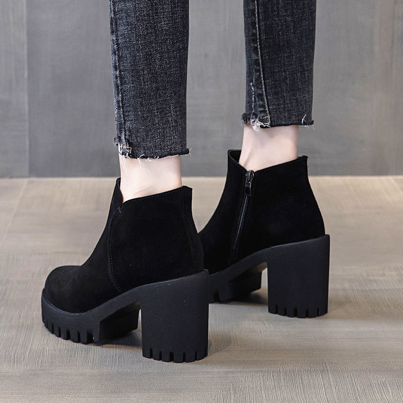Botas de tacón grueso para mujer, Botines negros de tacón alto, botines gruesos de terciopelo para Otoño e Invierno