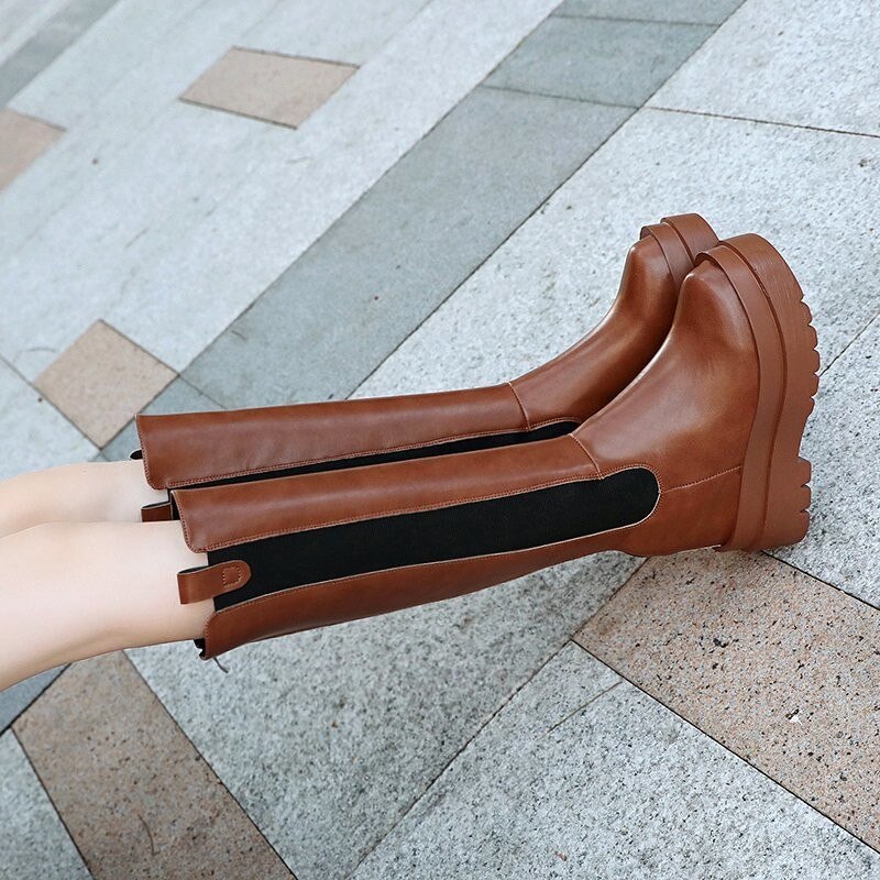 Platform kvinder lange støvler læder afslappet lynlås støvler chunky hæl knæhøje botas mujer dame chaussure femme