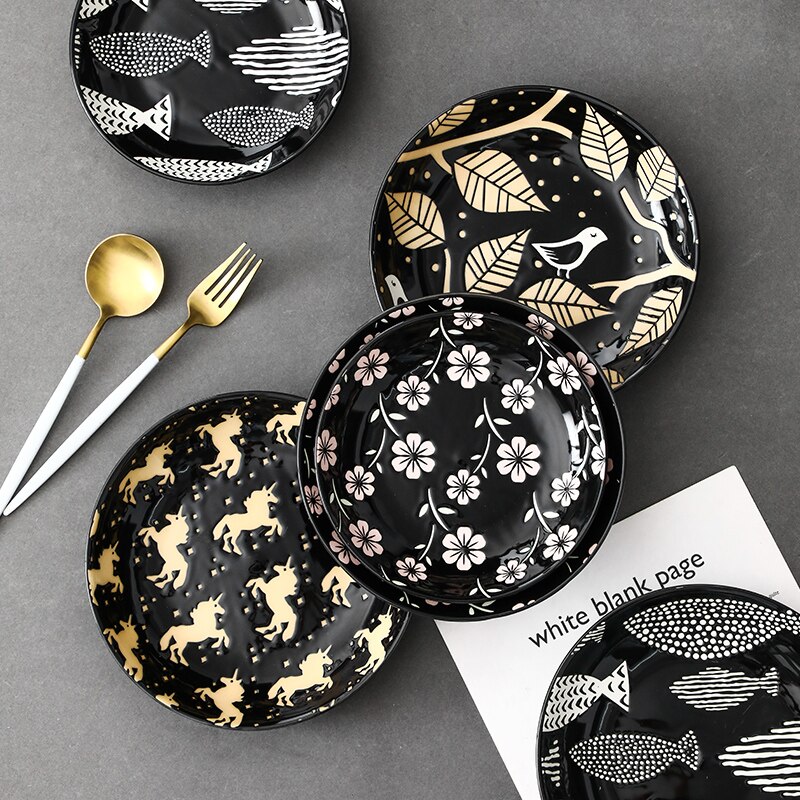 7 inch Ceramic Deep Plate Japanese Style Relief Plat Seramik Steak Dishes Flat Deep Plate Breakfast Dish Household Tableware