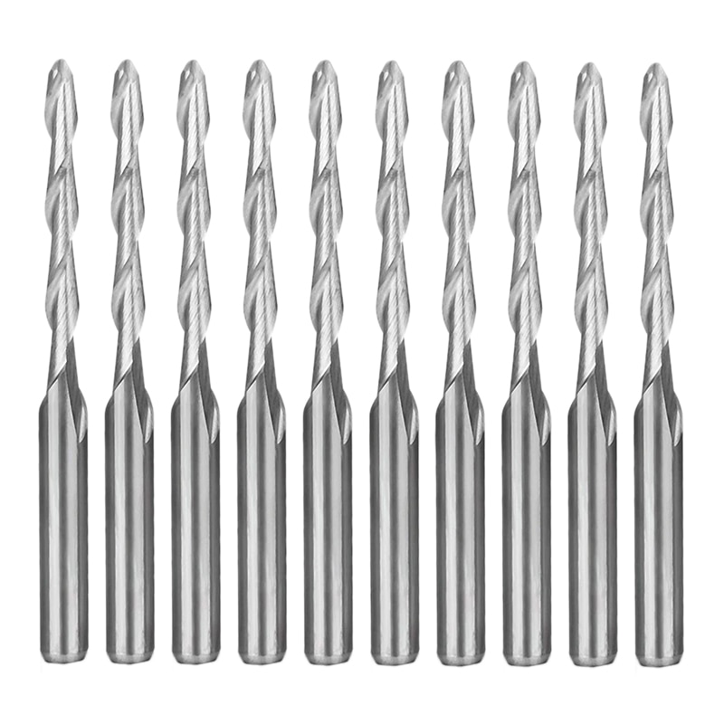 10Pcs CNC Router Bit 2mm Ball Nose End Mill 2-Flute Spiral Upcut Milling Cutter Engraving Carving Tool Set
