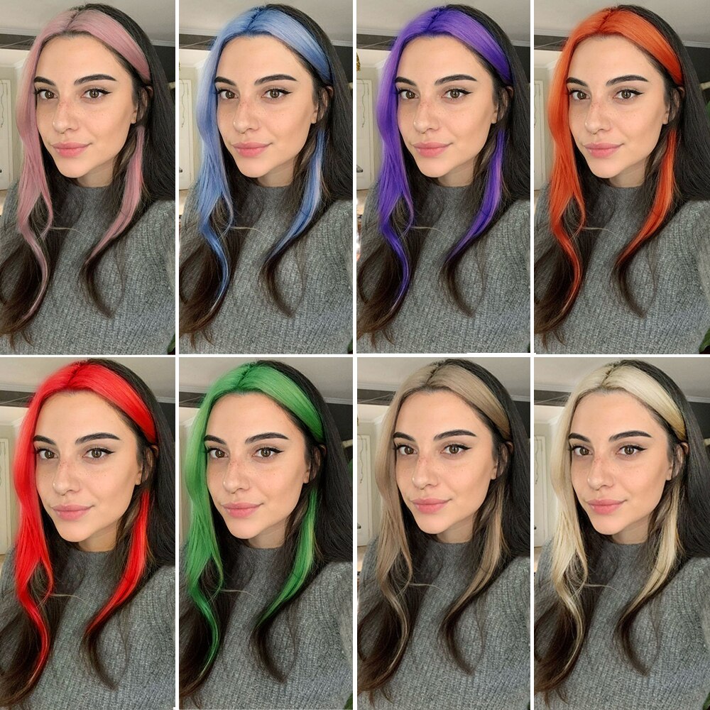 Azqueen zwarte roze lange rechte pruik voor meisjes, roze haar aan beide kanten, middenscheiding, hittebestendige rechte cosplaypruik voor vrouwen
