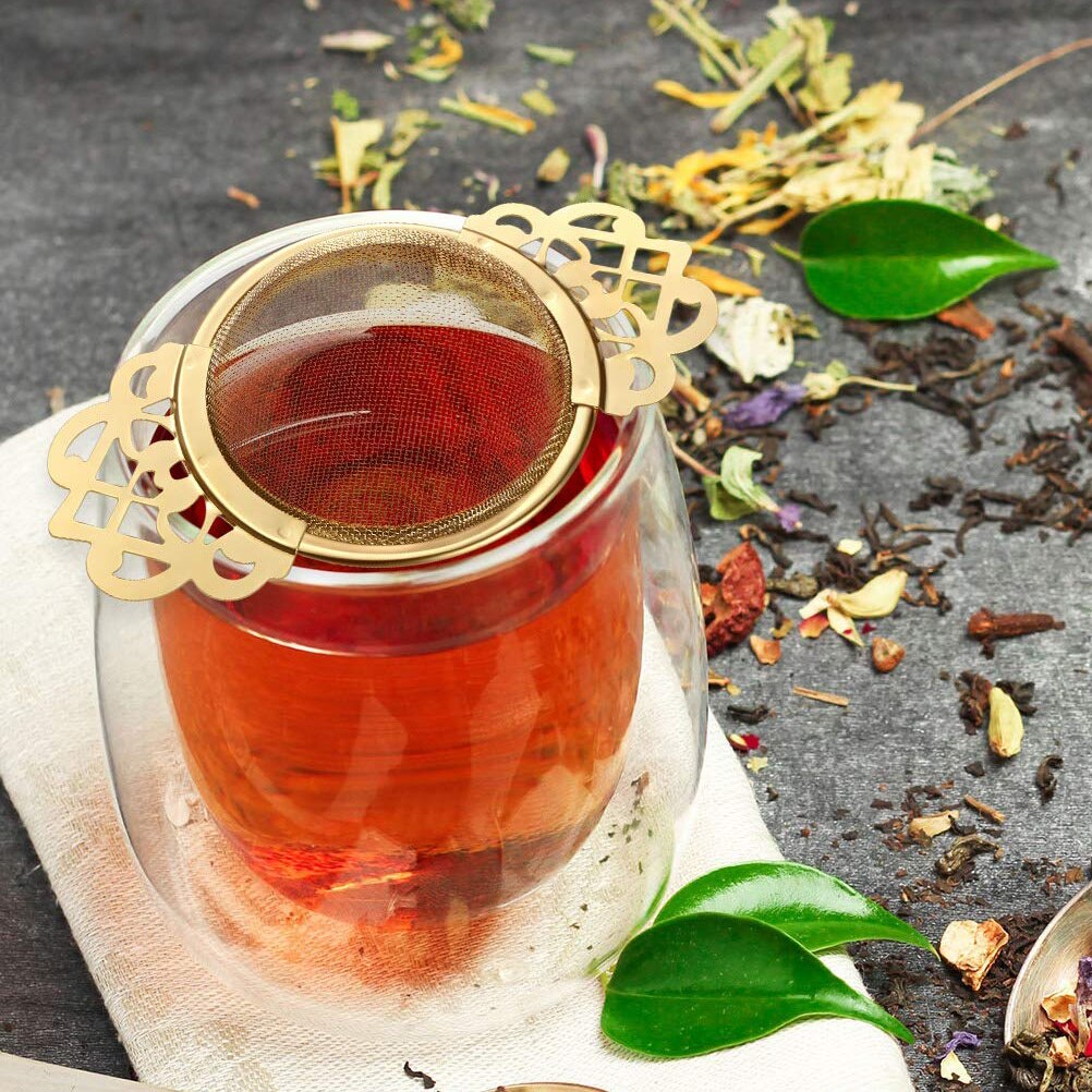 Rostfritt stål dubbel öron krydda infusionsfilter löst blad med droppskål te sil te med dubbla vinghandtag