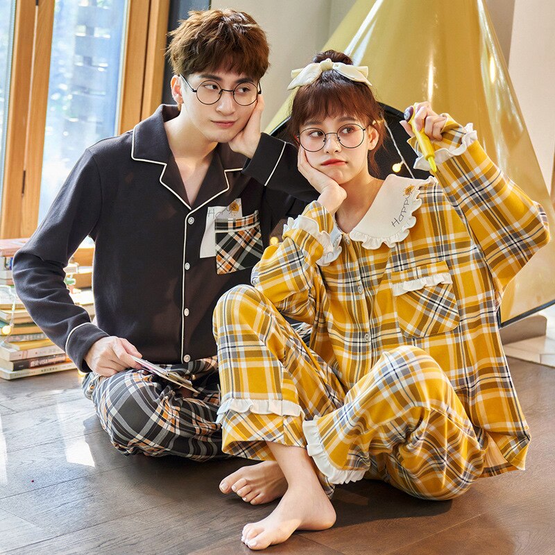 Couple Clothes Matching Set Sleep Wear Spring Autumn Pyjama Coton Long Sleeved Plaid Casual Couple Pajamas Home Service Suit
