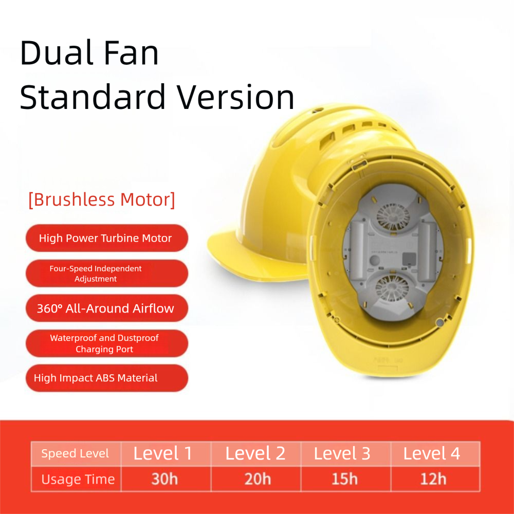 Kask z wentylatorem 4 koła zębate, ładowalny, 1/2/4 wentylatory, regulowany, ochronny, przeciwdeszczowy, z moc bankiem, kask ochronny z wentylatorami.: Niebieski