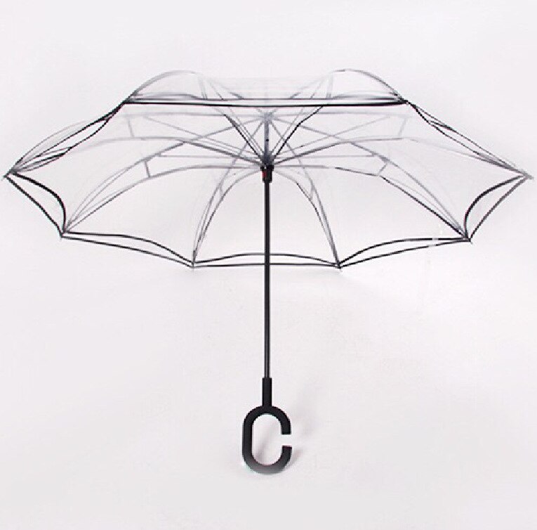 Parapluie Transparent inversé Sakura pour femmes, Double couche, poignée en C, coupe-vent, parapluie pliable, équipement de pluie: Transparent