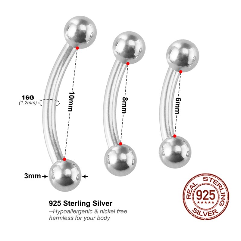 1 pz 925 Sterling Silver curvo bilanciere anelli lingua donne 16G anello labbra sopracciglio capezzolo Rook Piercing gioielli cartilagine orecchini: 10mm-1pc