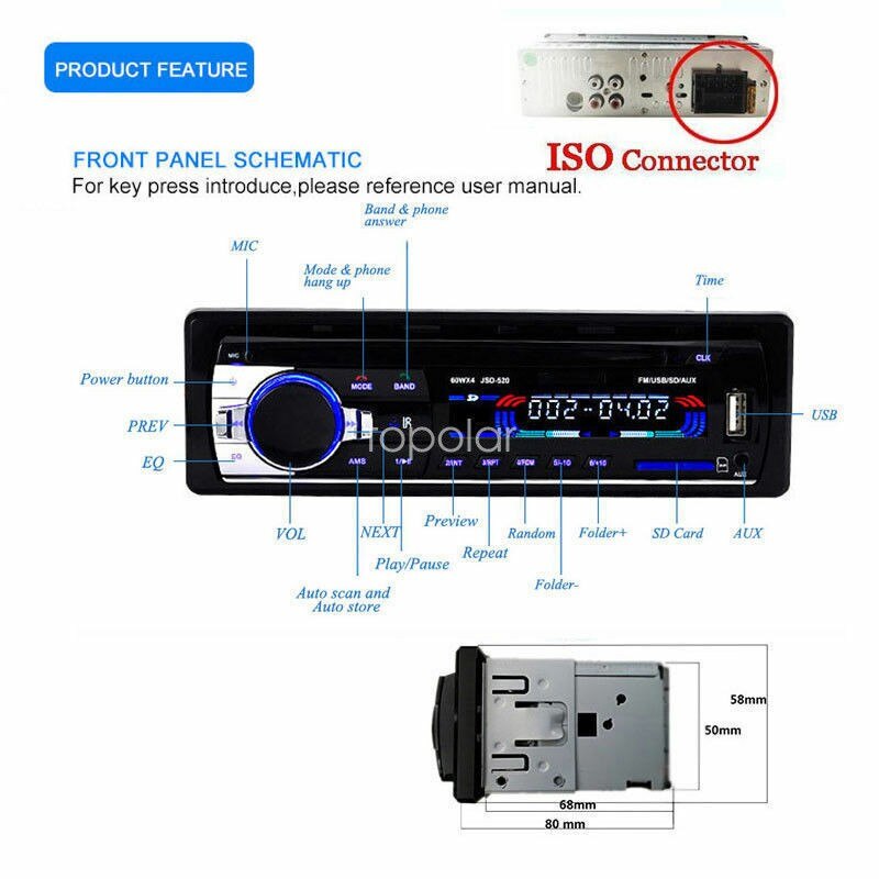 Radio FM estéreo para coche, reproductor MP3, unidad principal de salpicadero, Bluetooth, SD, FM, Aux, receptor de entrada, reproductor Multimedia, 12V, 1 Din