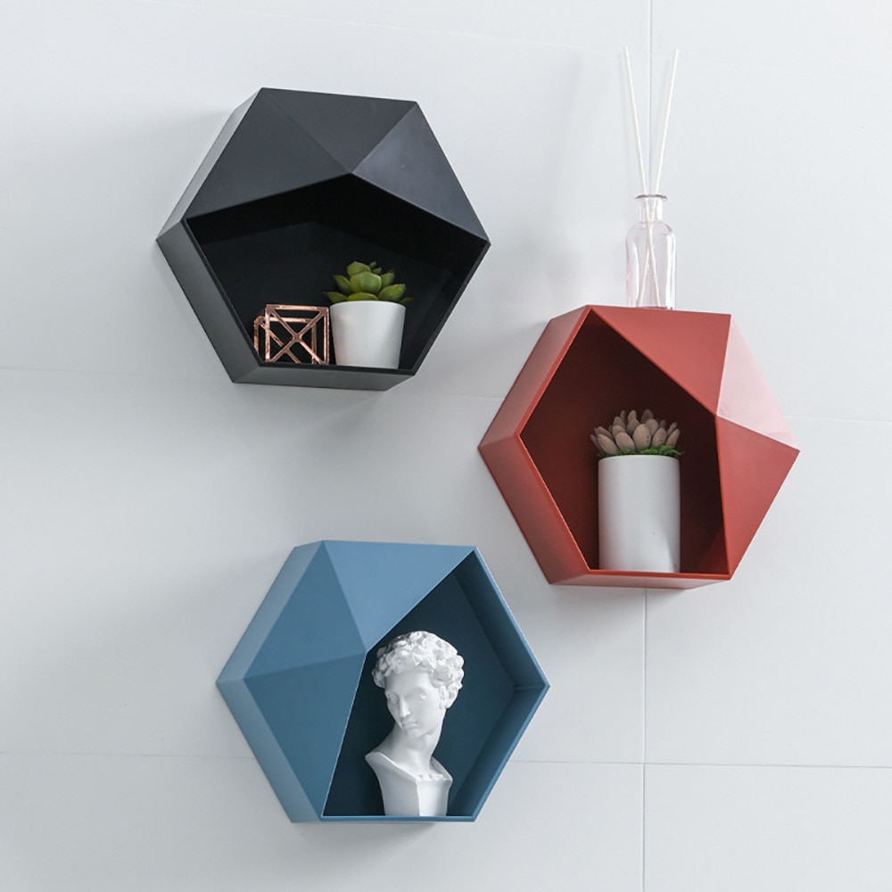 Scandinavische hexagon plank wandrek woonkamer aan de muur bevestigde geometrische ponsvrije wanddecoratie badkamer plank organizer