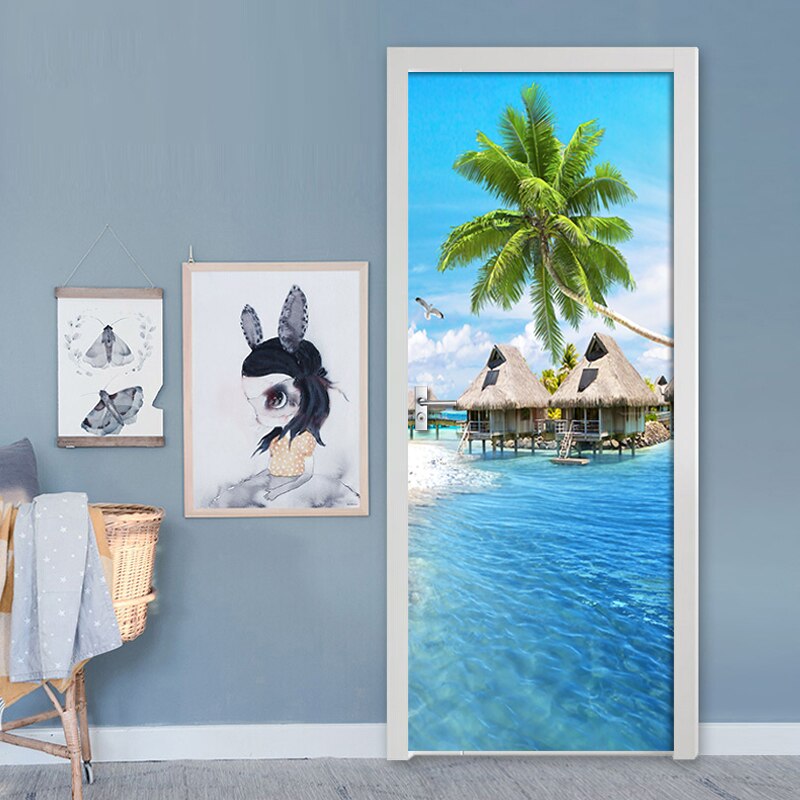 3D Door Decoration Wallpaper Modern Seascape Door Sticker Self-adhesive Waterproof Poster Home Door Mural Decal Wall Sticker