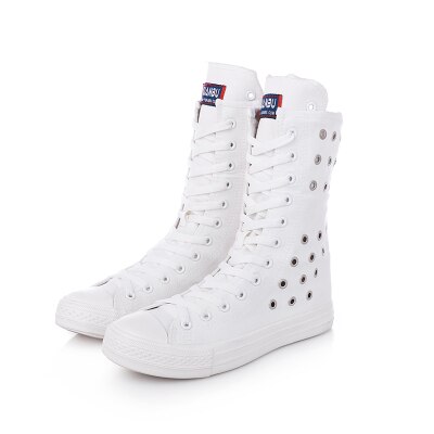 Swyivy kvinder vulkanisere lærred sko høj top nittehul åndbare kvindelige fritidssko cos play sneakers platform vulkanisere 43: Hvid flad / 34