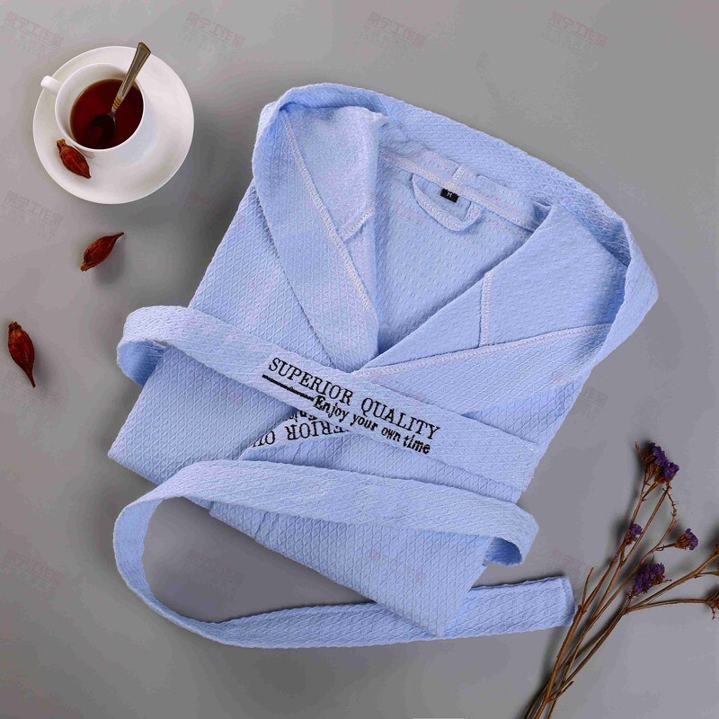Bomull badekåpe vaffel morgenkåpe unisex menn fast nattøy salong badekåpe bruden peignoir nattkjoler elskere kapper: Blå hette / Xl