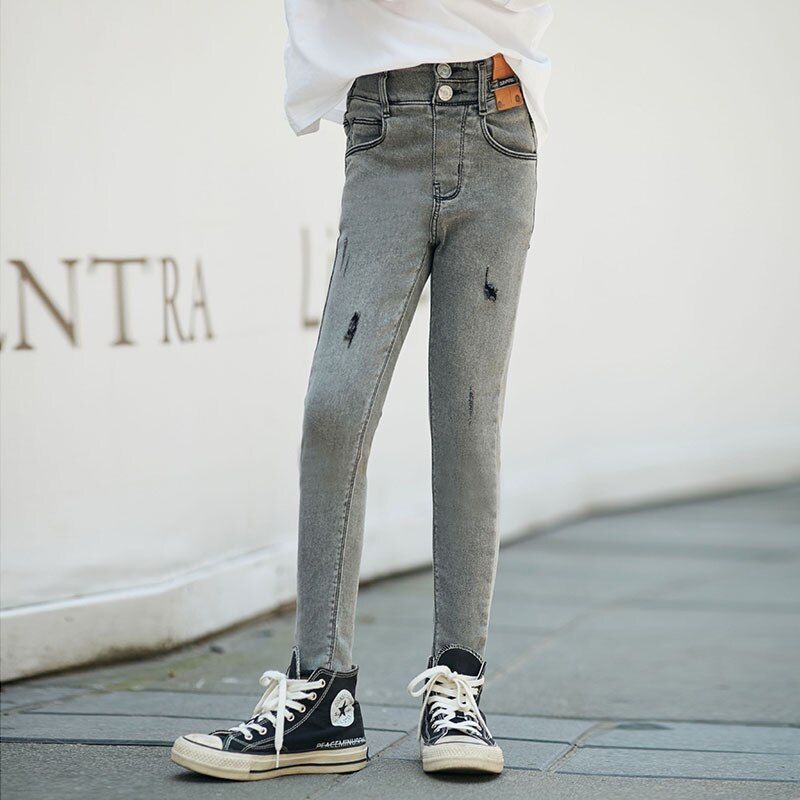 Ripped Jeans for Girls 810 years Skinny Pants Grey Blue Jeans for Teenage Girl: Gray / 12