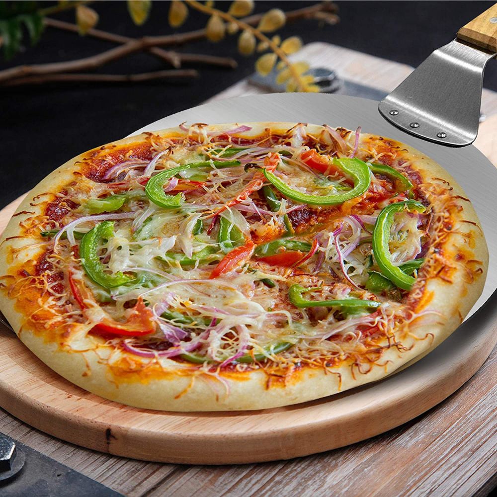 Drehen Pizza schälen 10/12 Zoll Edelstahl Runde Pizza Platte mit Holz Griff Zubehör für Backen Hausgemachte Pizza und Brot