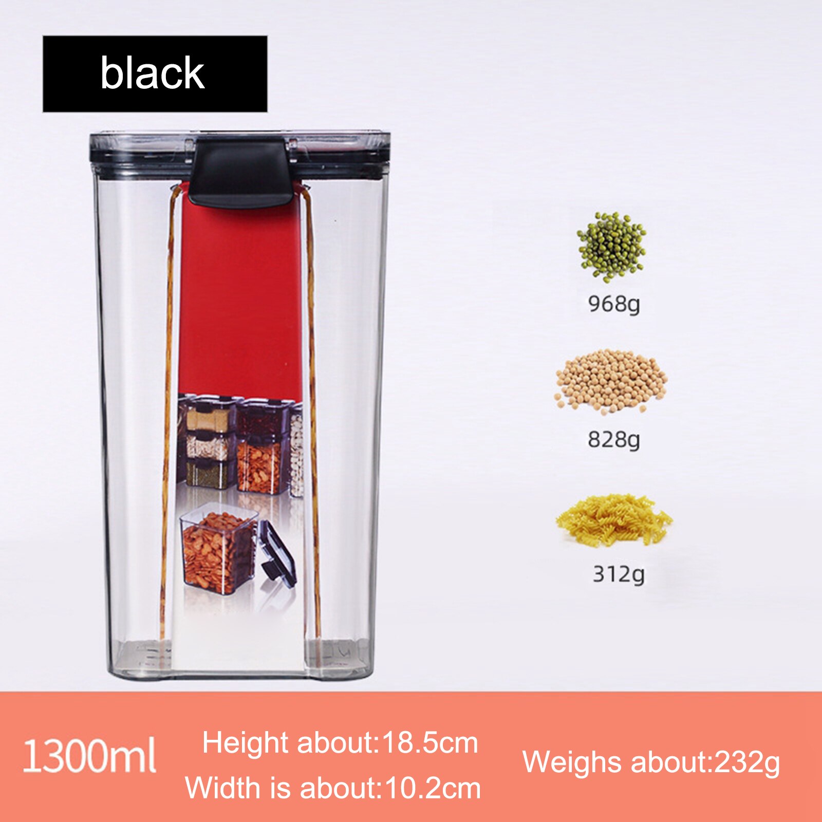 Food Storage Container Kitchen Organizer Box Storage Plastic Transparent Sealed Cans Jars for Spices Fridge Bulk Containers: 1300ml Black