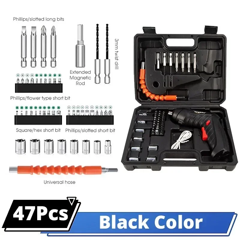 Tournevis électrique au Lithium Rechargeable, outil sans fil 47 en 1, tournevis Portable rotatif à 90 degrés avec LED pour outils de bricolage: Black