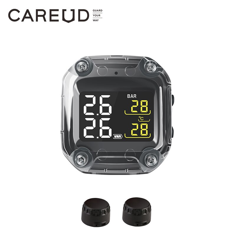 CAREUD Motorcycle Wireless TPMS Tire Pressure Monitoring System Digital LCD with Two External/Internal Sensors Easy to install: WI-Black