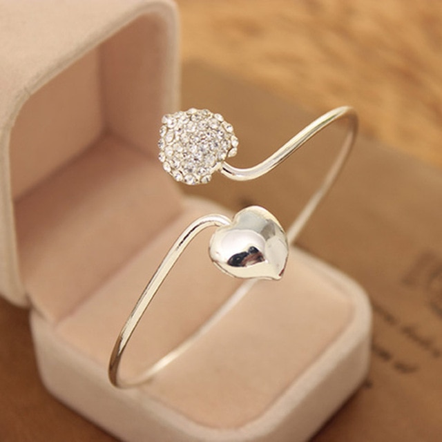 Gold Silver Color Open Bangles for Women Double Heart Crystal Rhinestone Cuff Bracelet Charm Jewelry Adjustable