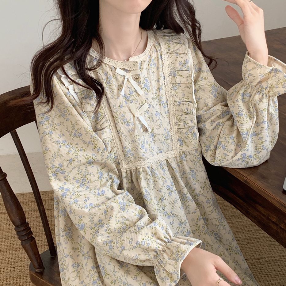 Floral Print Nightgown Sleepwear Womens Korean Style Ruffles Night Dress One Piece Pajamas Autumn Long Sleeve Bow Home Wear