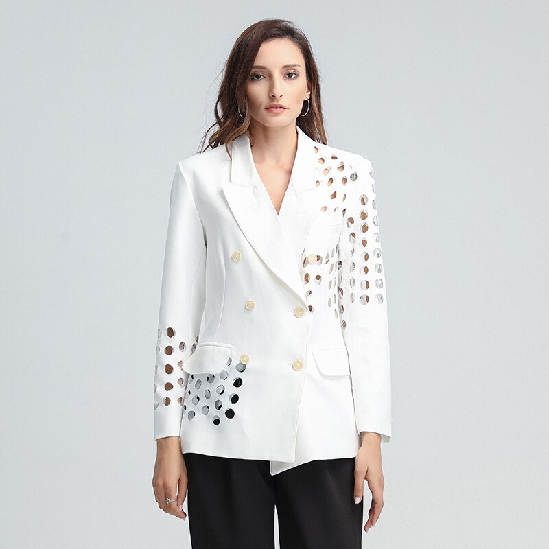 Deuxtwinstyle Blazer asymétrique pour les femmes col cranté à manches longues évider grande taille manteaux amples femme automne vêtements: white / L