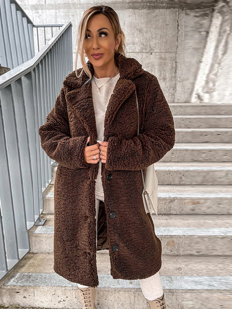 Chaqueta de borreguito para mujer, abrigo de manga larga con cuello vuelto y botonadura única, prendas de vestir de lana esponjosa para invierno, 2024