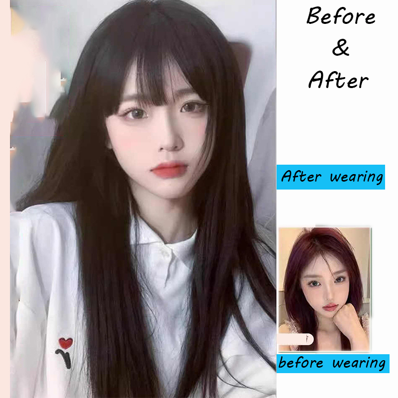 Synthetische 60 cm koreanische schwarze lange glatte Haarperücke synthetische natürliche lange glatte Haare mit Pony Perücke