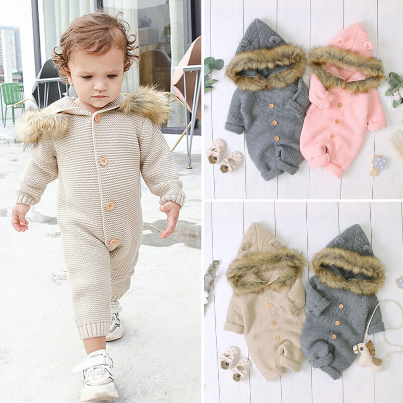 0-24M Baby Meisje Jongen Winter Rompertjes Kleding Gebreide Lange Mouwen Single Breasted Hoodie Romper Jumpsuit Outfits