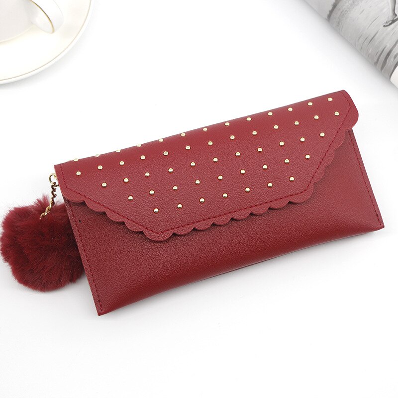 Wallet For Women Retro Rivet Hasp Long Ladies Wallet Card Purse PU Leather Wallet With Fur Ball Ornaments Phone Bag: Red-A