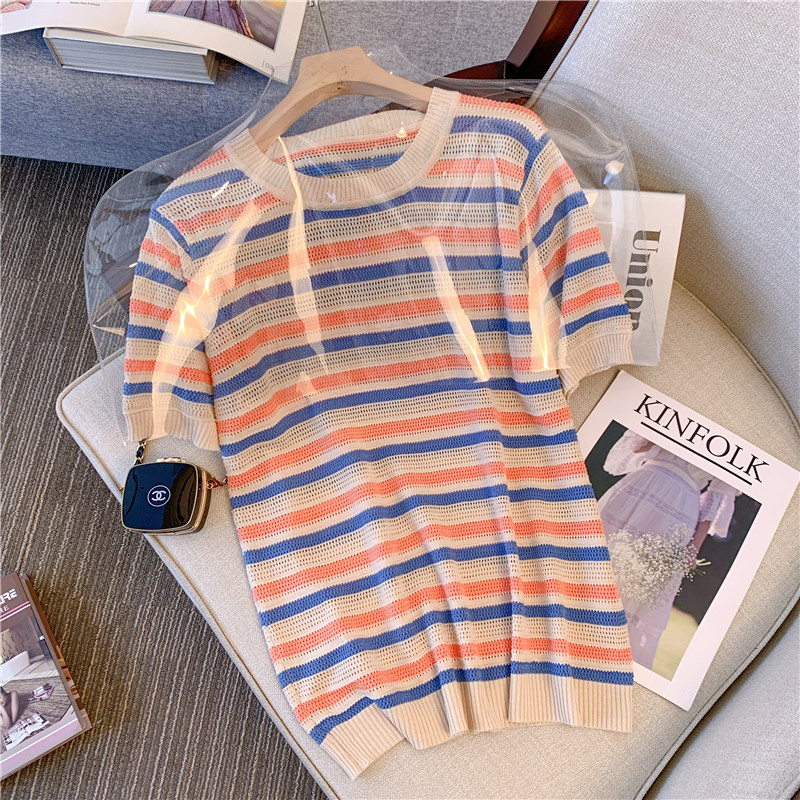 Sommartröja för kvinnor lös o-ringad randig kortärmad stickad pullover för kvinnor casual tröja för kvinnor kläder