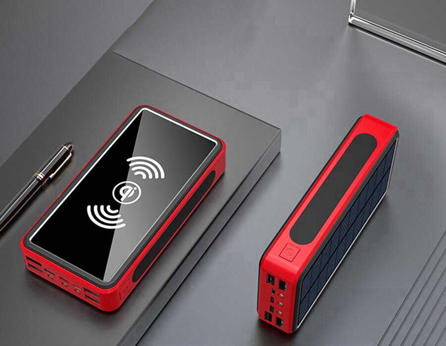 80000mAh Wireless Power Bank Solar Powerbank 4 USB Portable External Battery Charger Pack For Xiaomi Samsung IPhone PoverBank: wireless red