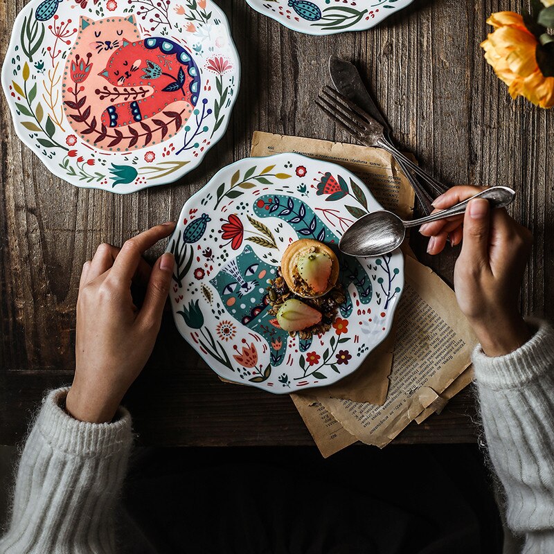 Plato de cerámica con dibujos animados de gato pintado a mano, vajilla nórdica creativa de 8 pulgadas, para postre esmaltado, microondas, para aperitivos y carne
