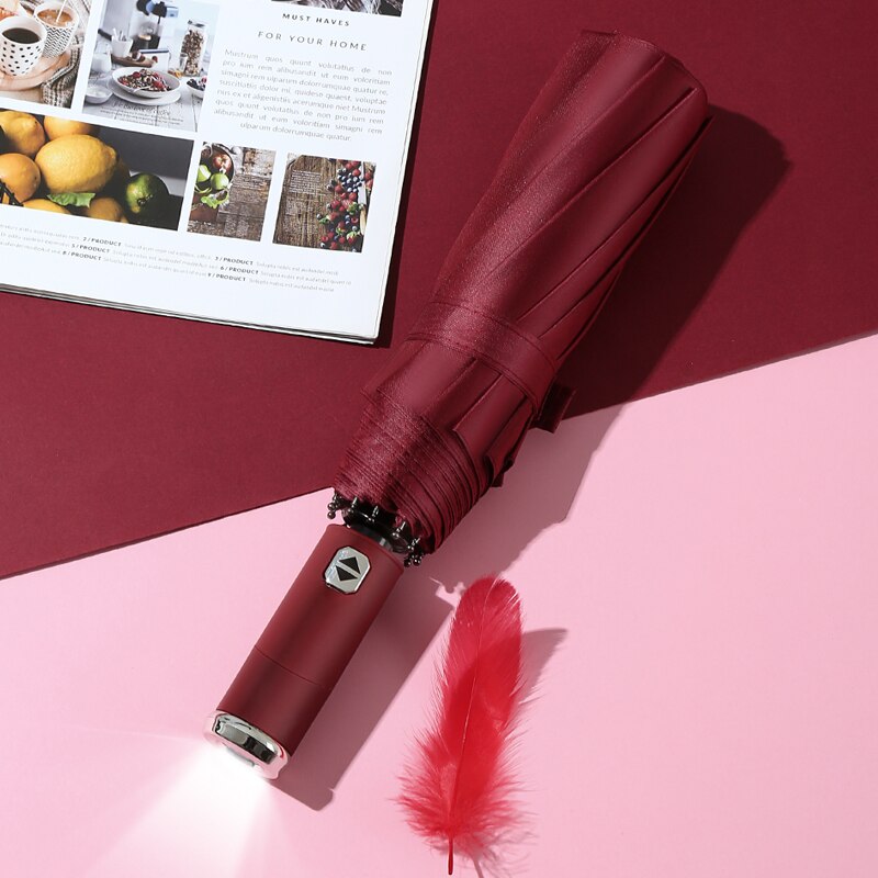 LED Fully Automatic Umbrella for Women And Man Rotatable Built-In Led Light Umbrella windproof Double keel Stronge Umbrella: Automatic red