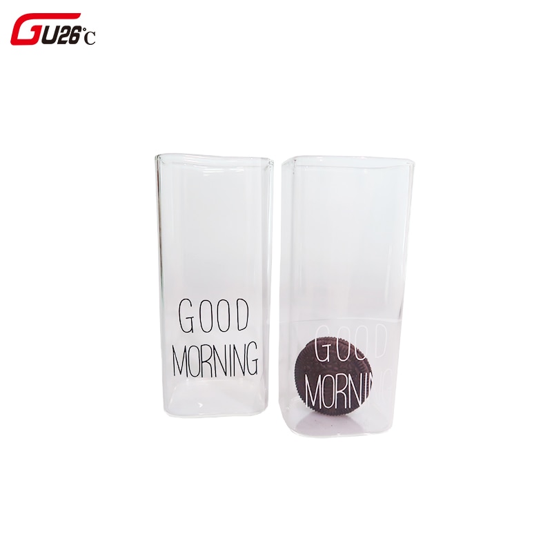 Good Morning 400ml Black White Transparent Square Coffee Tea Drinks Dessert Breakfast Milk Cup Kitchenware Glass Cup