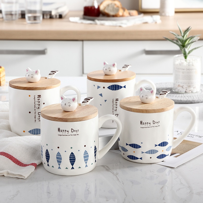 Japansk stil merke keramisk kopp med skje lokk søt enkel katt og fisk tegneserie frokost melk kopp