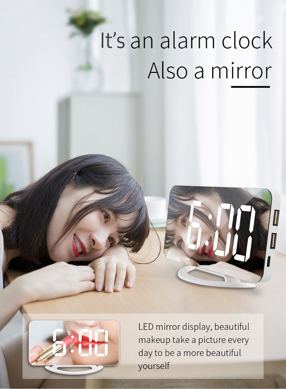 LED Mirror Clock Mini Digital Alarm Clock TS-8201-HB Table Clock with Snooze Function 3 Adjustable Brightness Auto-Adapt