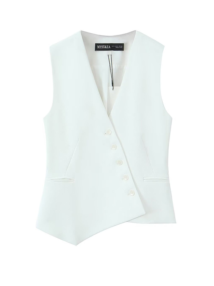 TFMLN nouvelles femmes printemps été gilet asymétrique femme col en v mince gilet de transport haut sans manches boutons noir blanc vêtements d'extérieur