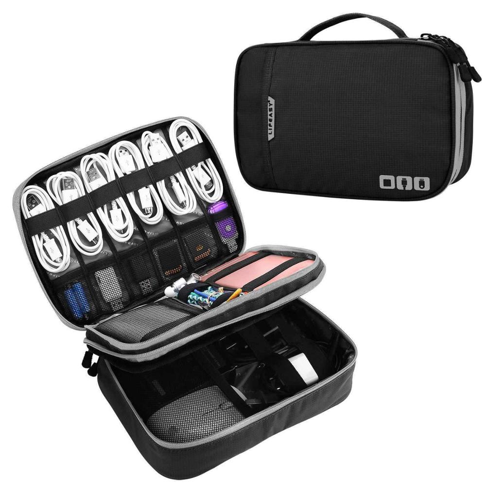 Doppellagiger organizer für elektronisches zubehör, aufbewahrungstasche, reisekabel-organizer, datenkabel-organizer, großes fassungsvermögen für ipads: Schwarz-l