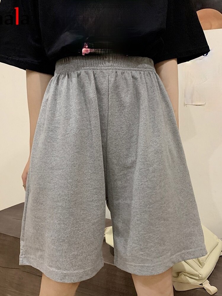 Korean pure cotton gray black women shorts casual regular loose Big size straight solid elasticity jogger shorts female: Xian 010 hui / L