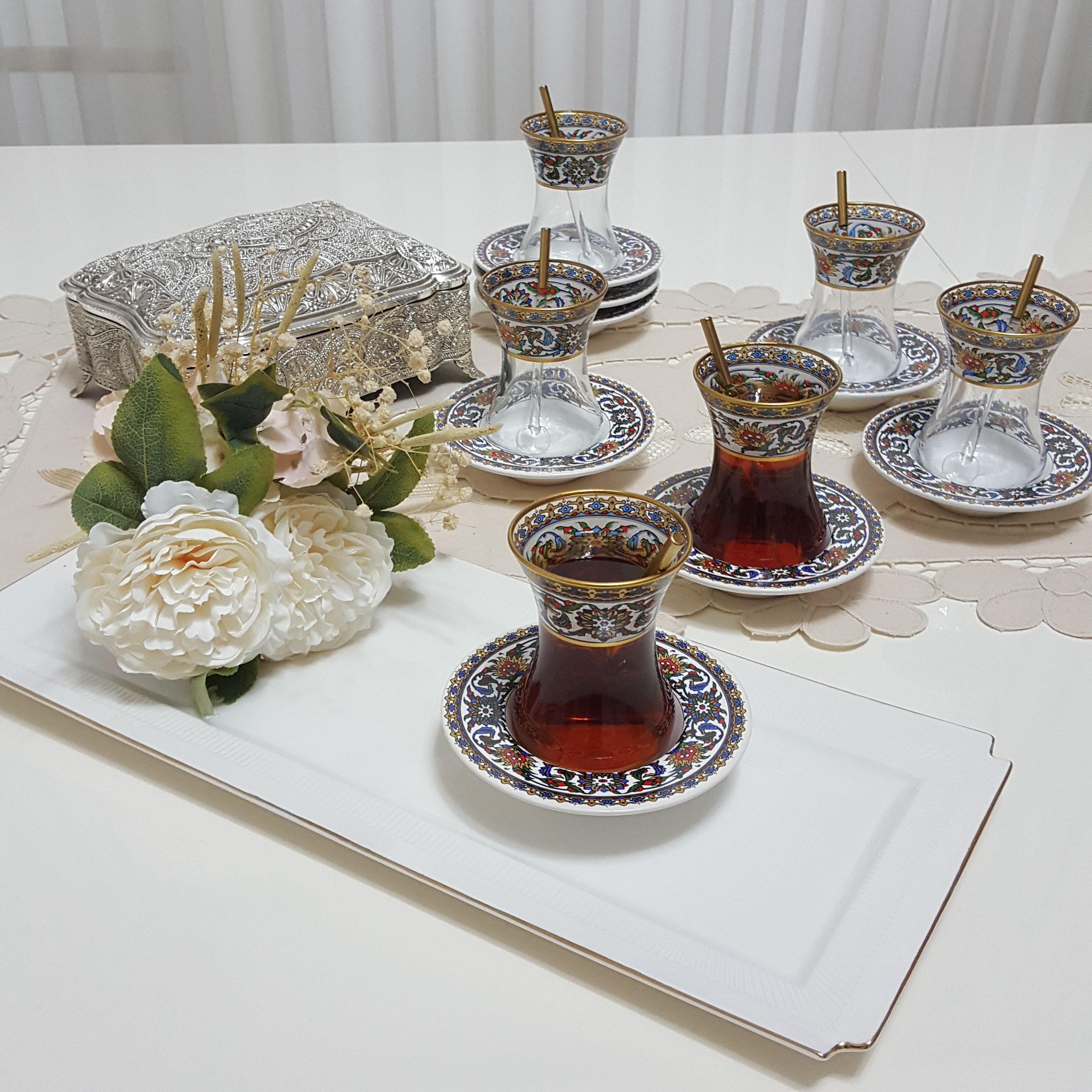 18 Pcs Turkish Tea Cups drinkware Tile Patterned Glass Arabic Tea Ware Porcelain Plate Glass Spoon expresso coffee tea set