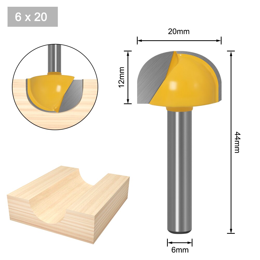 6mm Shank 6,8,12,16,18,20,22mmCNC tools solid carbide round nose Bits Round Nose Cove Core Box Router Bit Shaker Cutter Tools: 6X20