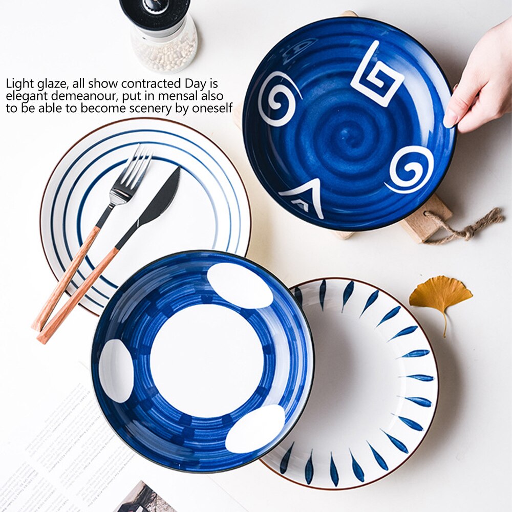 8Inch Japanese Ceramic Round Dish Home Breakfast Plate Pasta Dessert Steak Western Dish Hand-Painted Simple Decoration 1PC