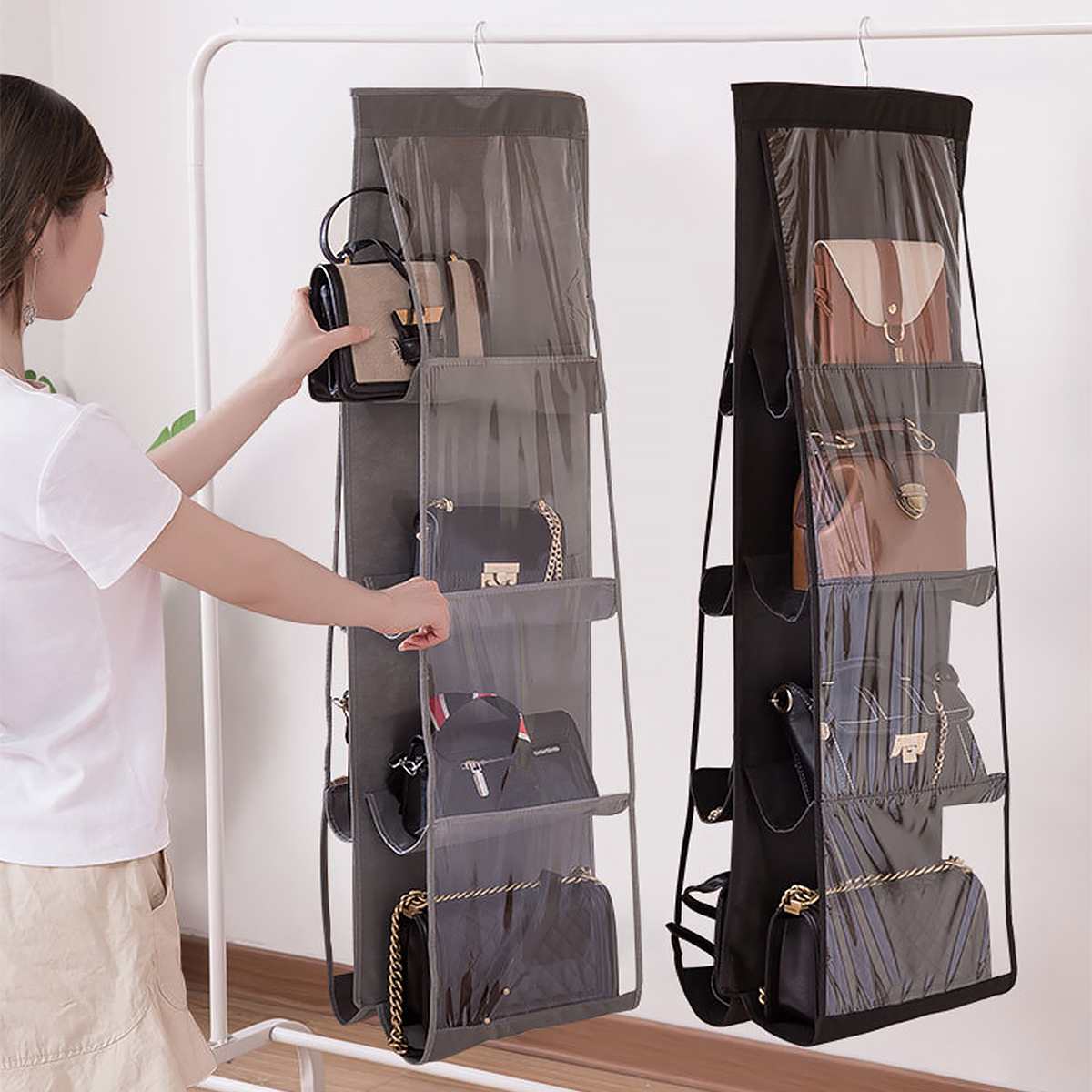 8 Pocket Handbag Storage Bag Purse Tote Bag Folding Hanging Clear Double-Sided Foldable Wardrobe Organizer Closet Hanger