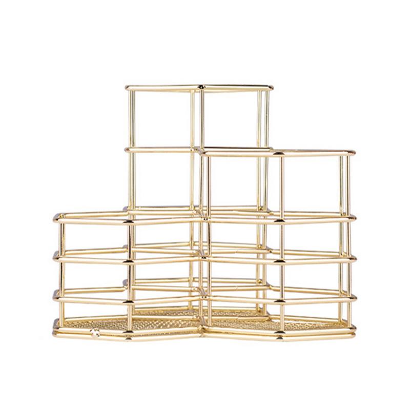 Makeup Brush Holder Hexagon Vase Metal Mesh Basket Desk Organizer Wire Golden Pen Pencil Hollow Holder Beauty Makeup Kit: Gold
